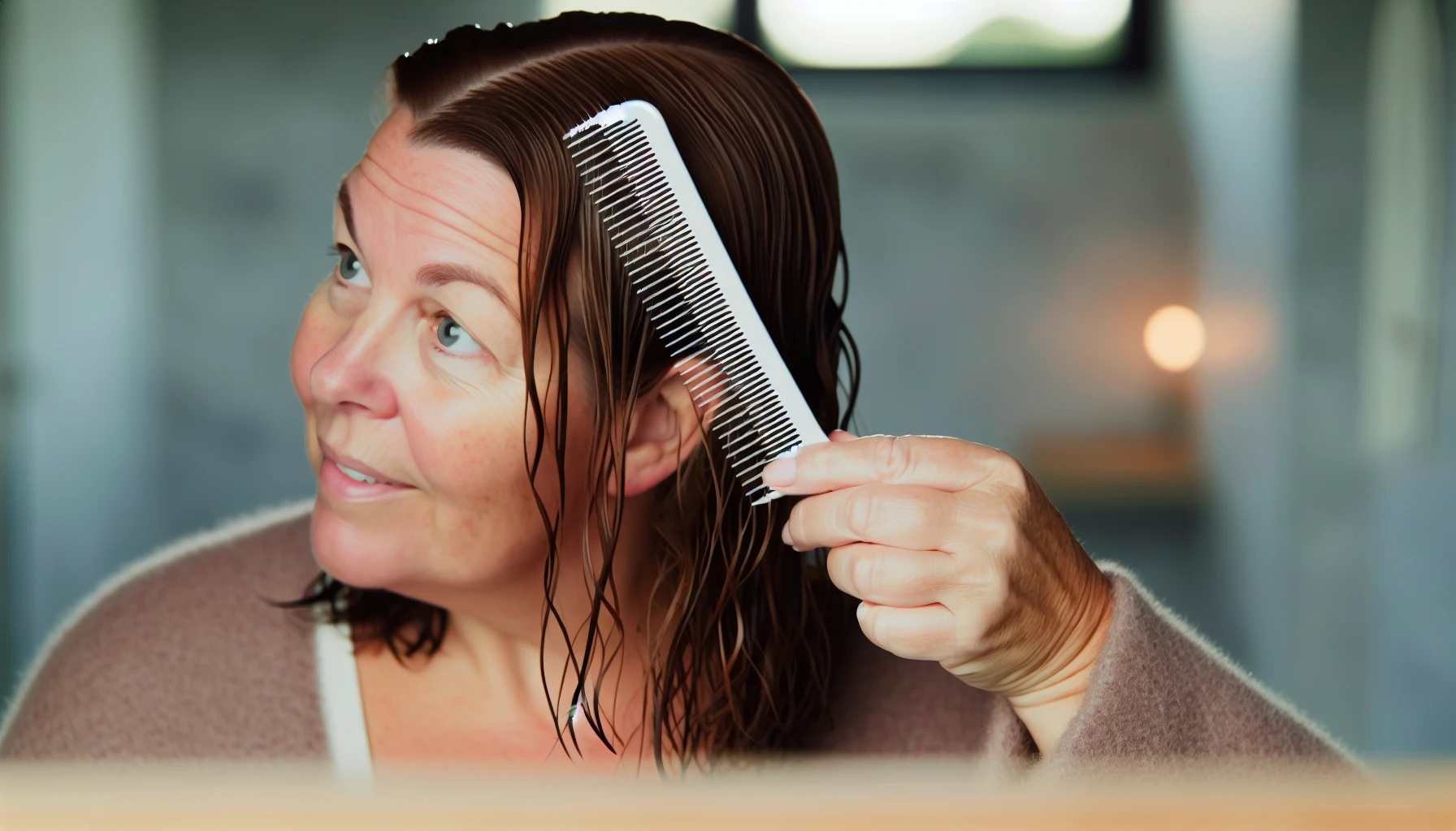 Woman with damp hair using a wide-tooth comb