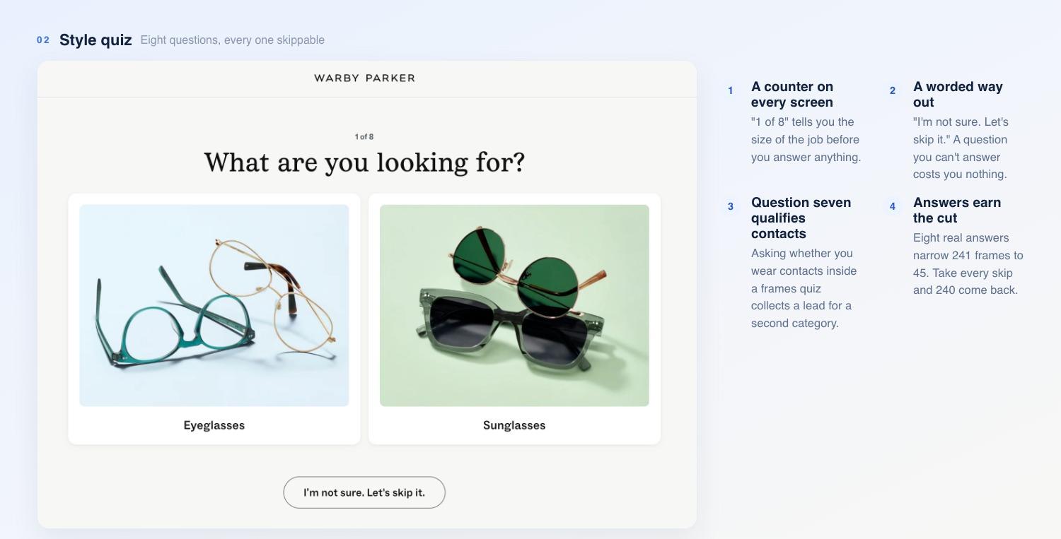 The Warby Parker style quiz: a counter reading 1 of 8, the question What are you looking for with Eyeglasses and Sunglasses cards, and an I'm not sure, let's skip it button