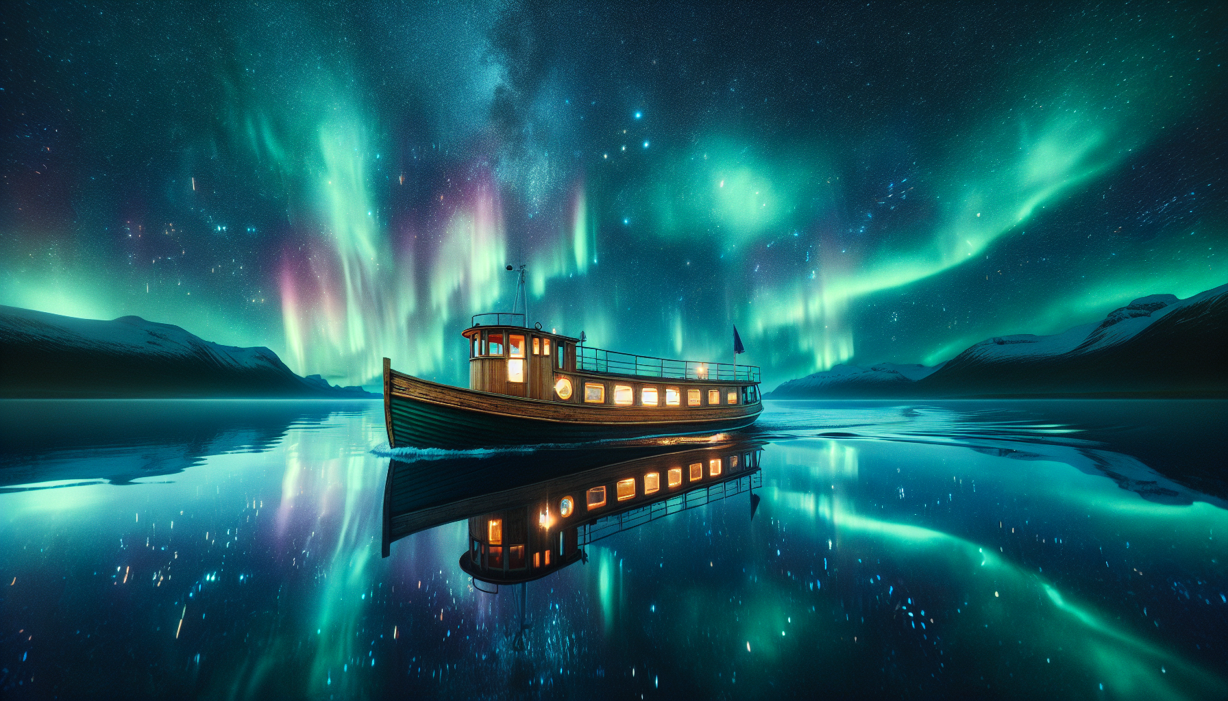 Boat cruise with northern lights in the background