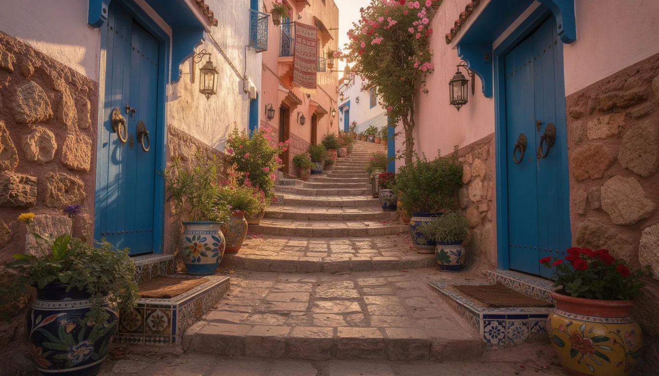 A vibrant narrow street in a traditional Moroccan medina features striking blue doors and potted plants, capturing the essence of local culture and daily life. This scene invites travelers to explore the authentic Morocco, making it an ideal stop on a private tour or city tour.
