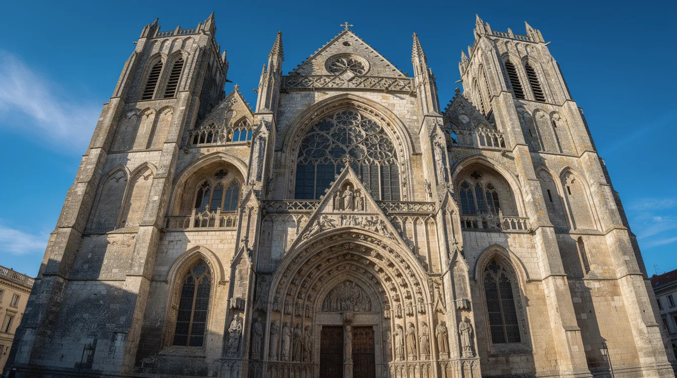 A imagem mostra a fachada gótica da Basílica de Santa Maria, localizada em Cracóvia, com suas torres assimétricas se destacando contra um céu azul claro. Este ícone da arquitetura medieval é um importante ponto turístico no centro histórico da cidade polonesa.