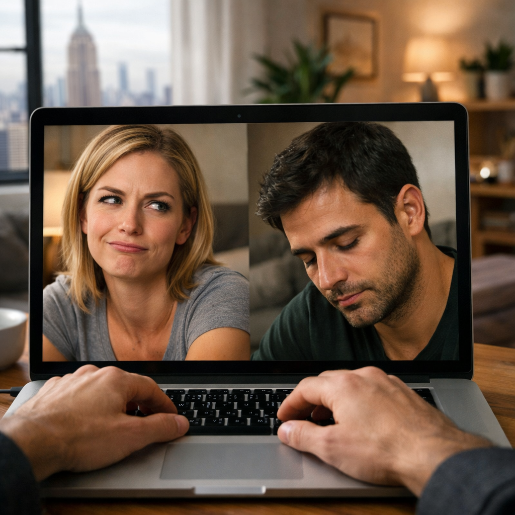 Close‑up of a partner’s subtle sneer while the other looks down during a video call.