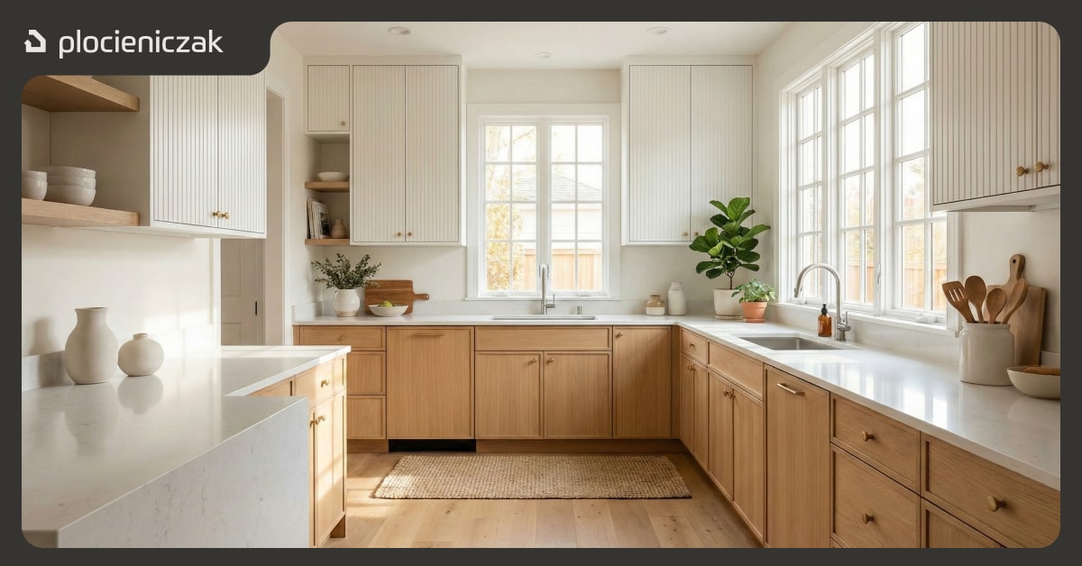 Kuchnia w stylu skandynawskim z białymi ryflowanymi frontami na górnych szafkach i drewnianą dolną zabudową