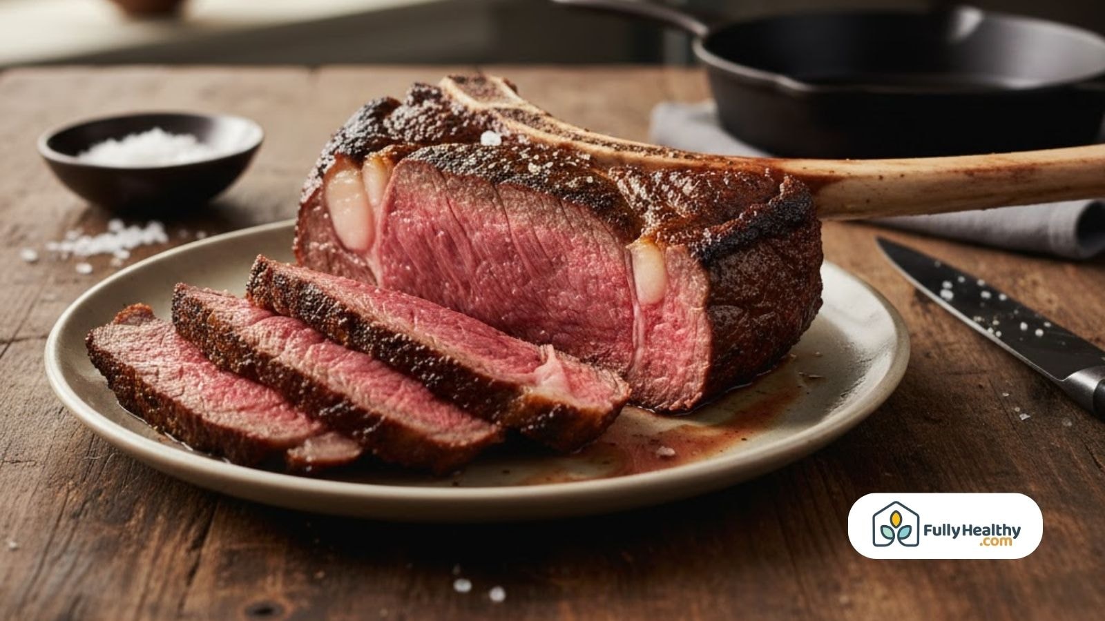 Sliced tomahawk steak medium rare with clean bone.