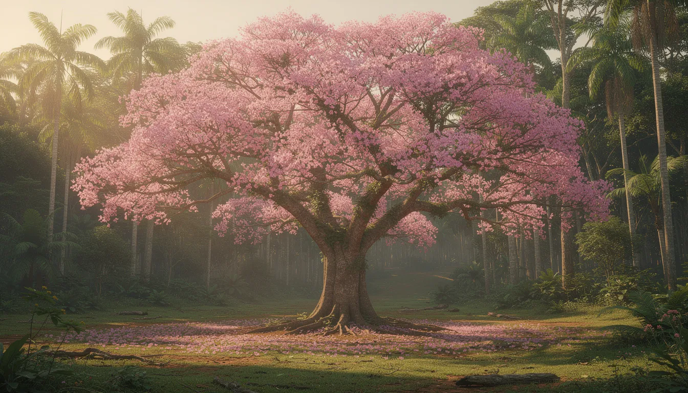 Ein großer Lapacho-Baum mit üppigen, rosafarbenen Blüten steht in einer tropischen Waldlandschaft, umgeben von anderen Pflanzen und Bäumen. Die charakteristische lapacho rinde ist sichtbar und verleiht dem Baum eine besondere Ausstrahlung, die an die heilenden Eigenschaften der Lapachopflanze erinnert.