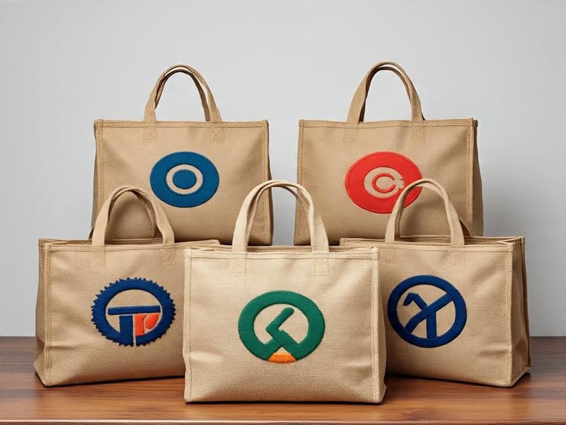 A picture showing five jute bags with short handles, each having a colored circular or geometric design on the front, arranged on a wooden surface. 