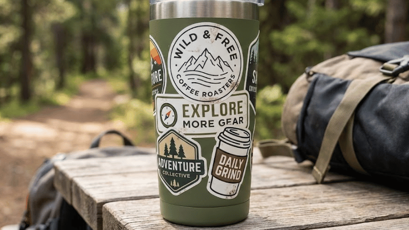 Custom marketing stickers on a portable cup