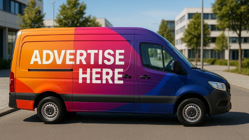 Van shown as a channel of advertising using vinyl wrap
