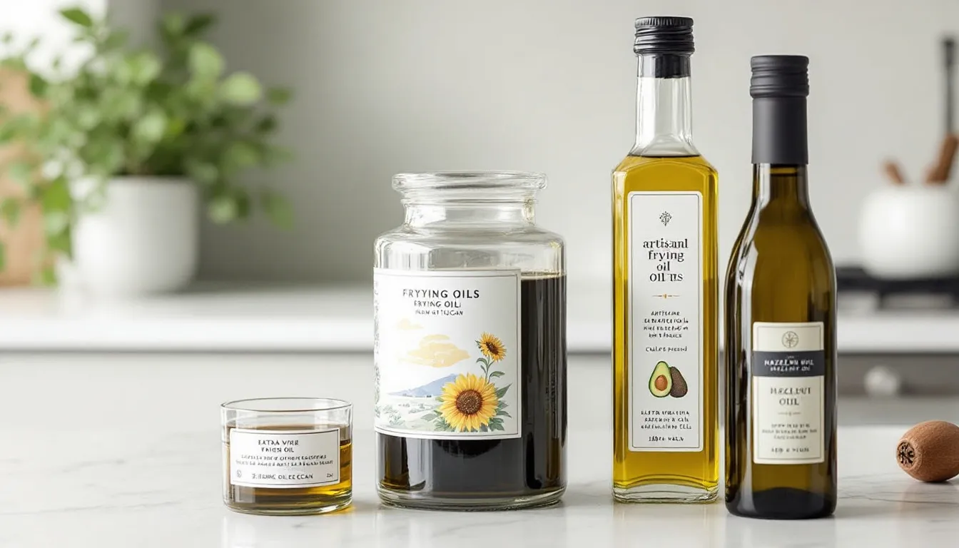 Various types of frying oils displayed in cooking containers.