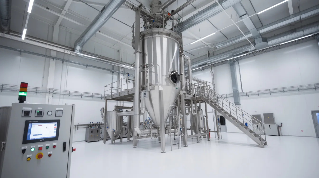 0942ddc6 fafd 4b48 ad45 7744b5872ed7 The image shows a large industrial spray dryer equipment located inside a clean, white factory hall, featuring various pipes and control panels essential for milk powder production. This setup highlights the advanced technology used in the milk powder manufacturing industry, ensuring high-quality production and efficient processing.
