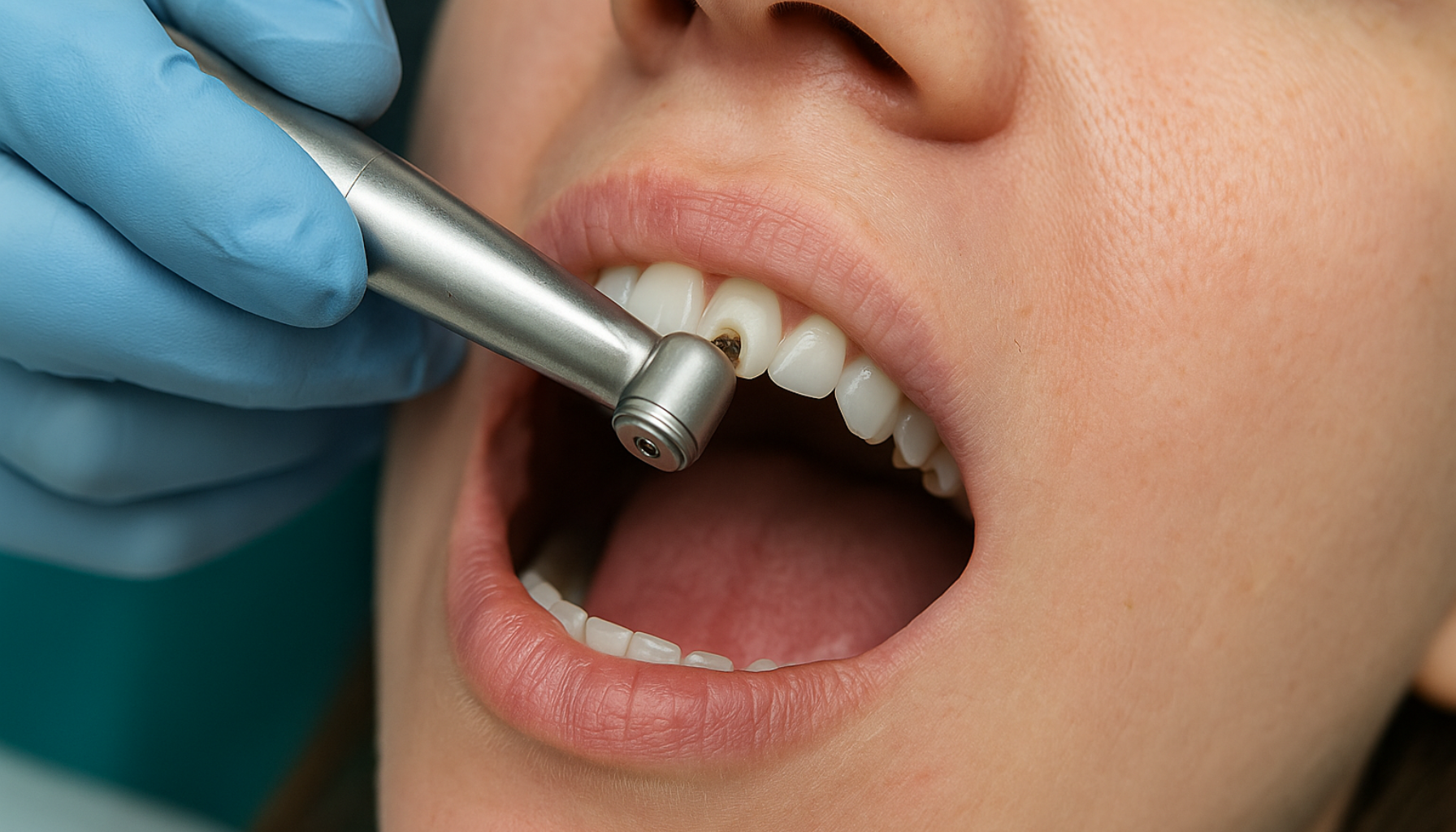 Nærbilde av tannlege som borer hull i tann for å behandle hull med moderne tannlegeutstyr.