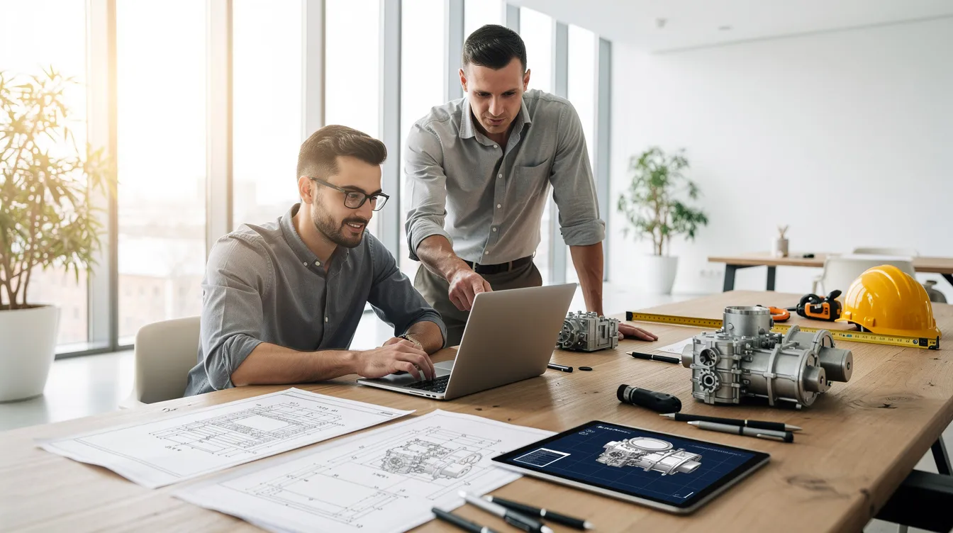In a bright workspace, a group of engineers is gathered around a laptop, reviewing product designs and discussing potential improvements. This collaborative environment reflects the innovative spirit of emerging growth companies and the strategic planning necessary for successful startup companies.