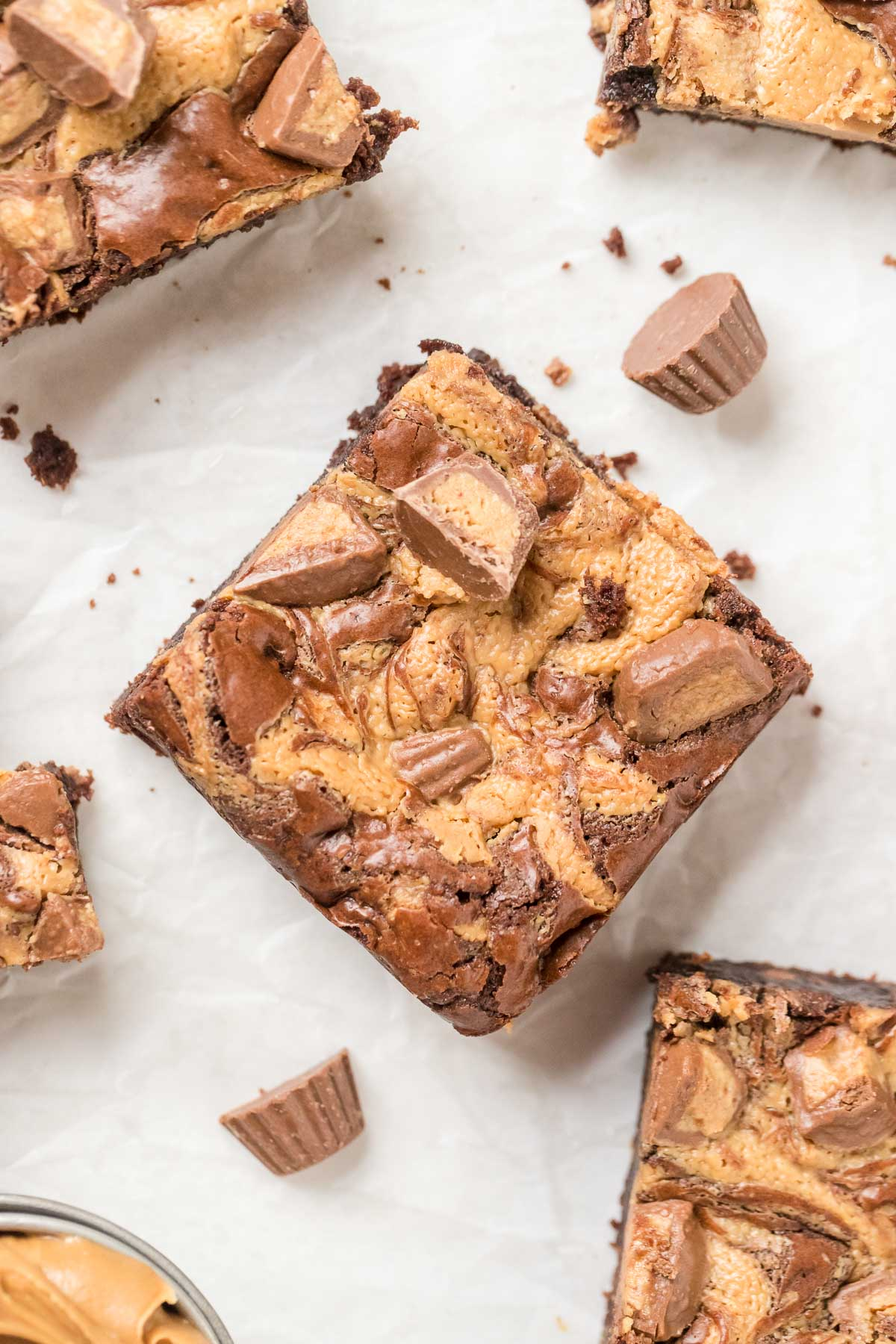 top down of chocolate peanut butter brownies on parchment paper