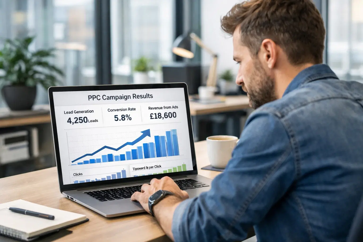 SaaS marketer analysing PPC campaign performance with visible ad spend and conversion data.