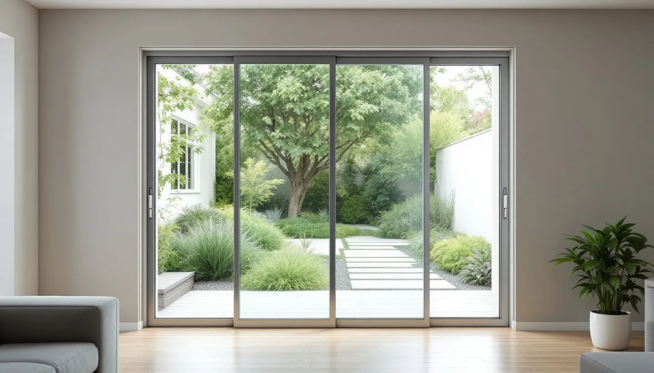 Een grote moderne schuifpui in een woonkamer biedt een prachtig uitzicht op de tuin. De schuifpui is gemaakt van onderhoudsarm kunststof en zorgt voor een optimale isolatie met dubbel glas.