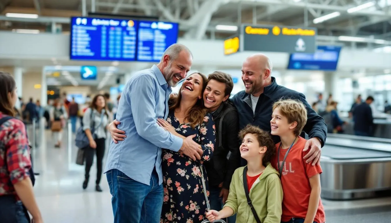 A joyful family reunion takes place at the airport, where children are excitedly embracing their parents and relatives. The scene captures the warmth of family connections, highlighting the importance of eligible New Zealand citizens and their dependent children as they celebrate together.  australian citizen, australian permanent resident visa, child younger, visa the child, years of age, australian permanent visa, holder of an australian, australian government, de facto partner, 