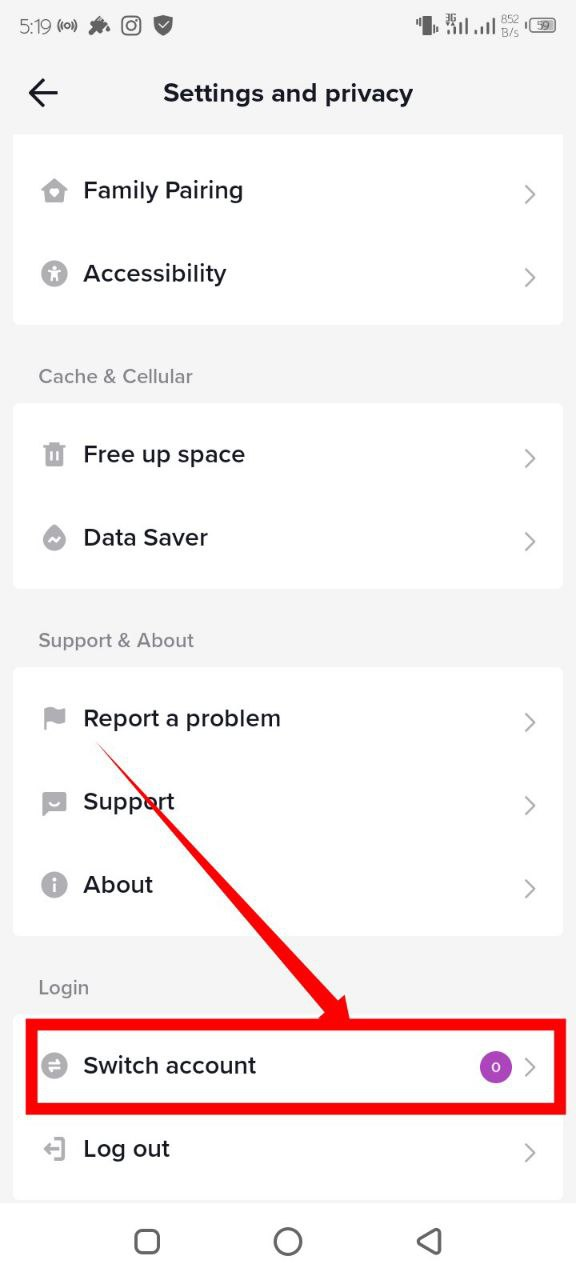 Screenshot indicating the "Switch account" menu