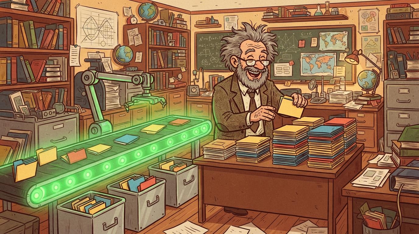 Wild-haired professor happily stacking many small exam folders that are being sorted automatically by a glowing green conveyor belt