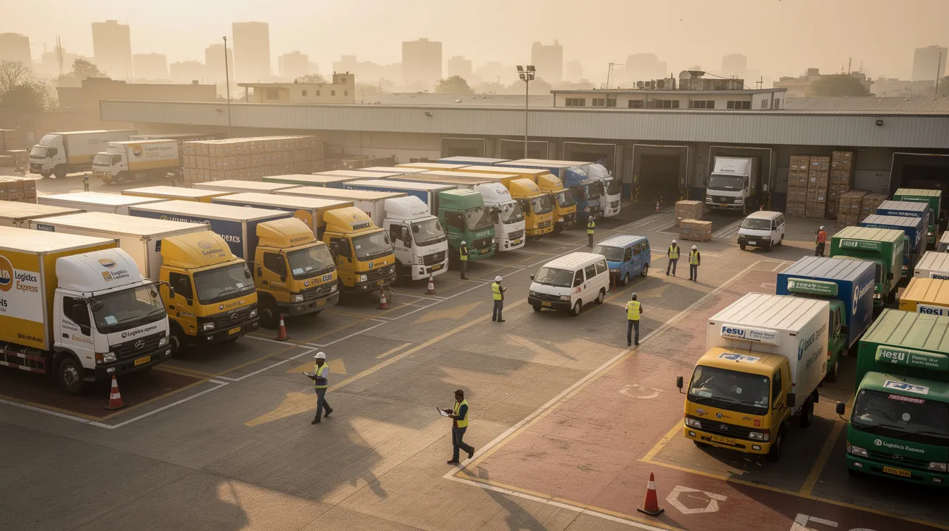 A fleet of commercial delivery trucks and vans is neatly lined up at an Indian logistics hub during the morning hours, showcasing the bustling transportation industry. This scene highlights the importance of efficient logistics and freight services in supporting local businesses and meeting the increasing demand for delivery services.