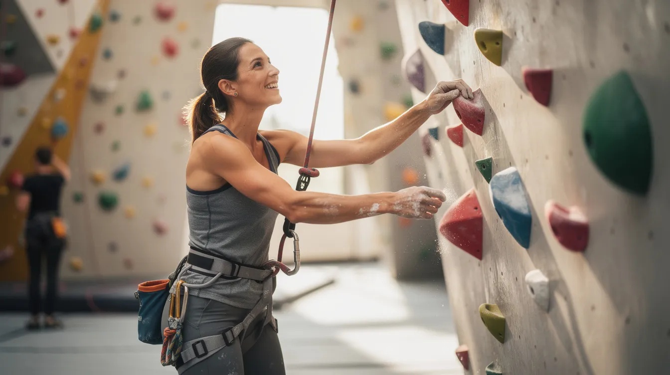 A confident person is engaged in a hobby activity, such as rock climbing or attending an art class, reflecting their commitment to self-care and healing after a toxic relationship. This moment showcases their journey of self-compassion and personal growth as they move forward in life.
