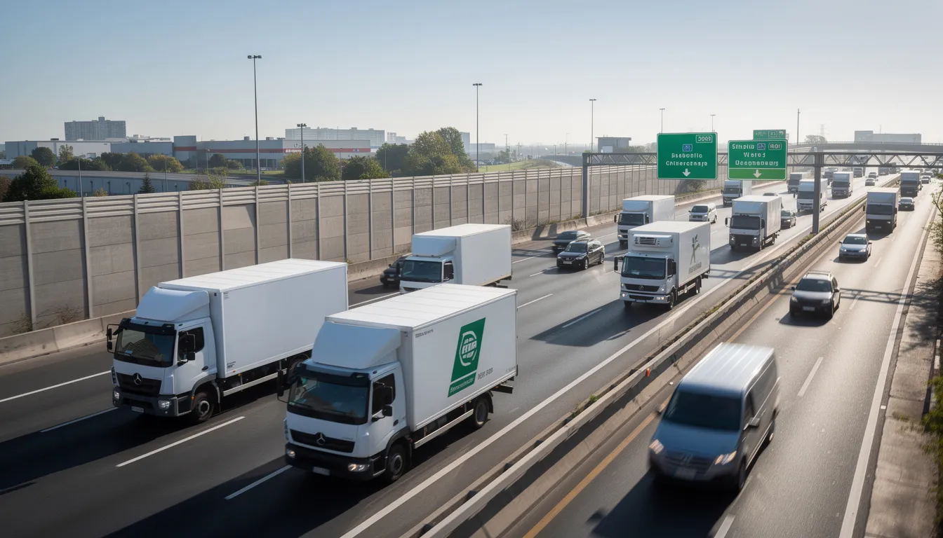 The image depicts multiple delivery trucks and vans navigating a busy multi-lane highway during the daytime, showcasing the hustle of delivery drivers on the road. This scene highlights the potential for accidents involving delivery trucks, emphasizing the importance of having an experienced truck accident attorney to assist victims in navigating their delivery truck accident claims.