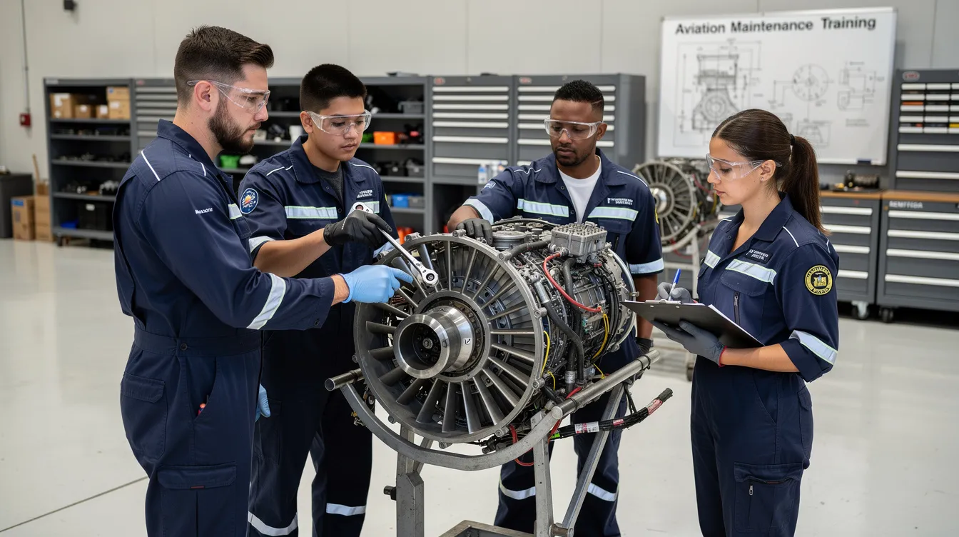 A group of aviation maintenance students is actively working around an aircraft engine in a clean training hangar, focusing on practical skills required for their certification under part 147 compliance. The environment reflects a commitment to quality control and adherence to FAA regulations, essential for their future careers as mechanics in the aviation industry.