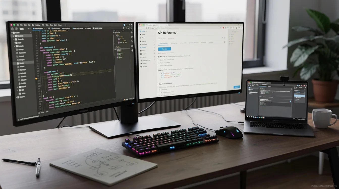 The image depicts a developer's workspace featuring a code editor and multiple monitors displaying API documentation related to payment processing. This setup emphasizes the integration of a crypto payment gateway, allowing merchants to start accepting cryptocurrency payments efficiently.