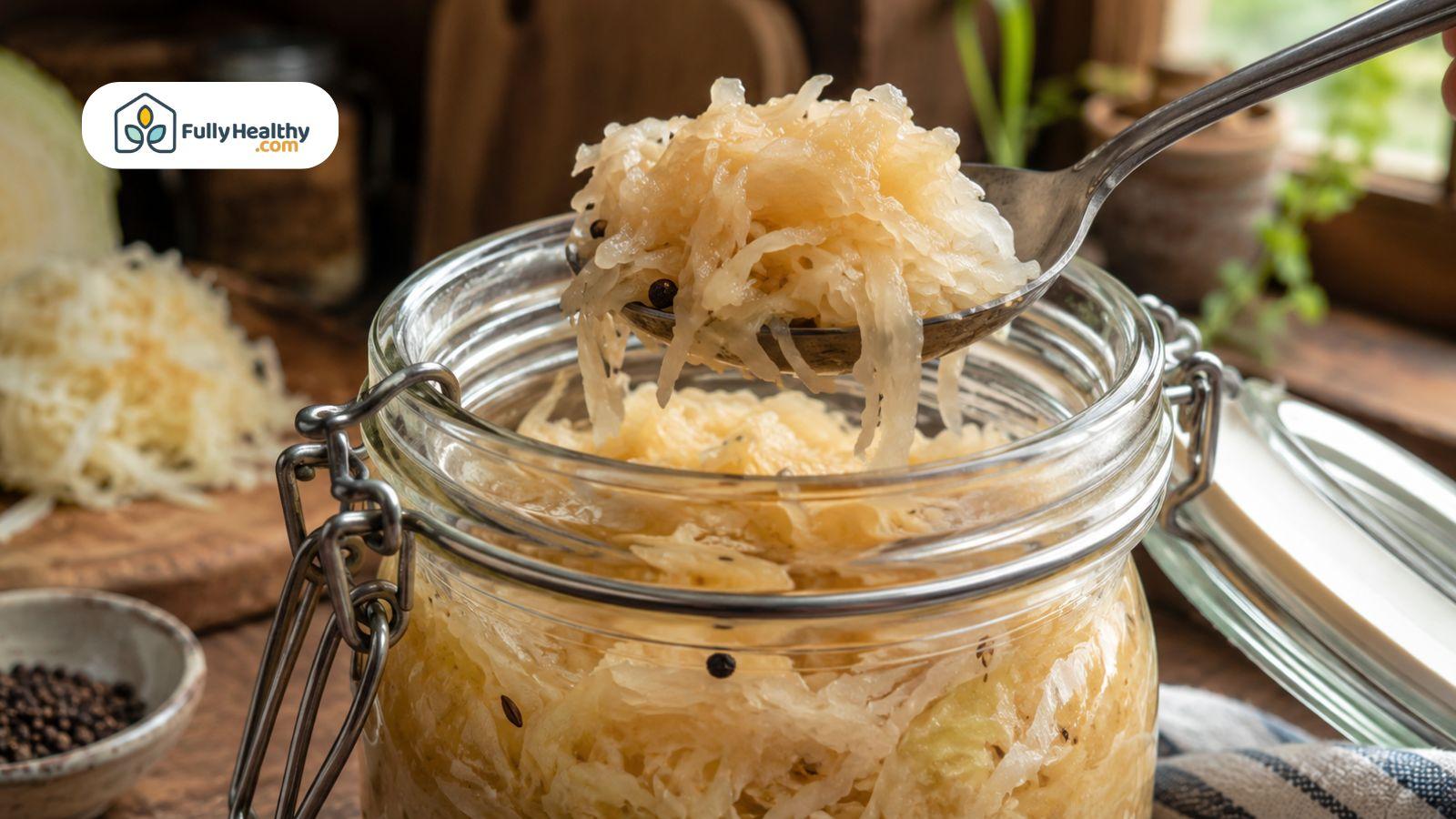 Raw sauerkraut in a glass jar served as a fermented vegan side.