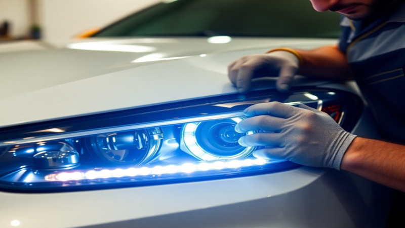 Professional mechanic installing LED headlights