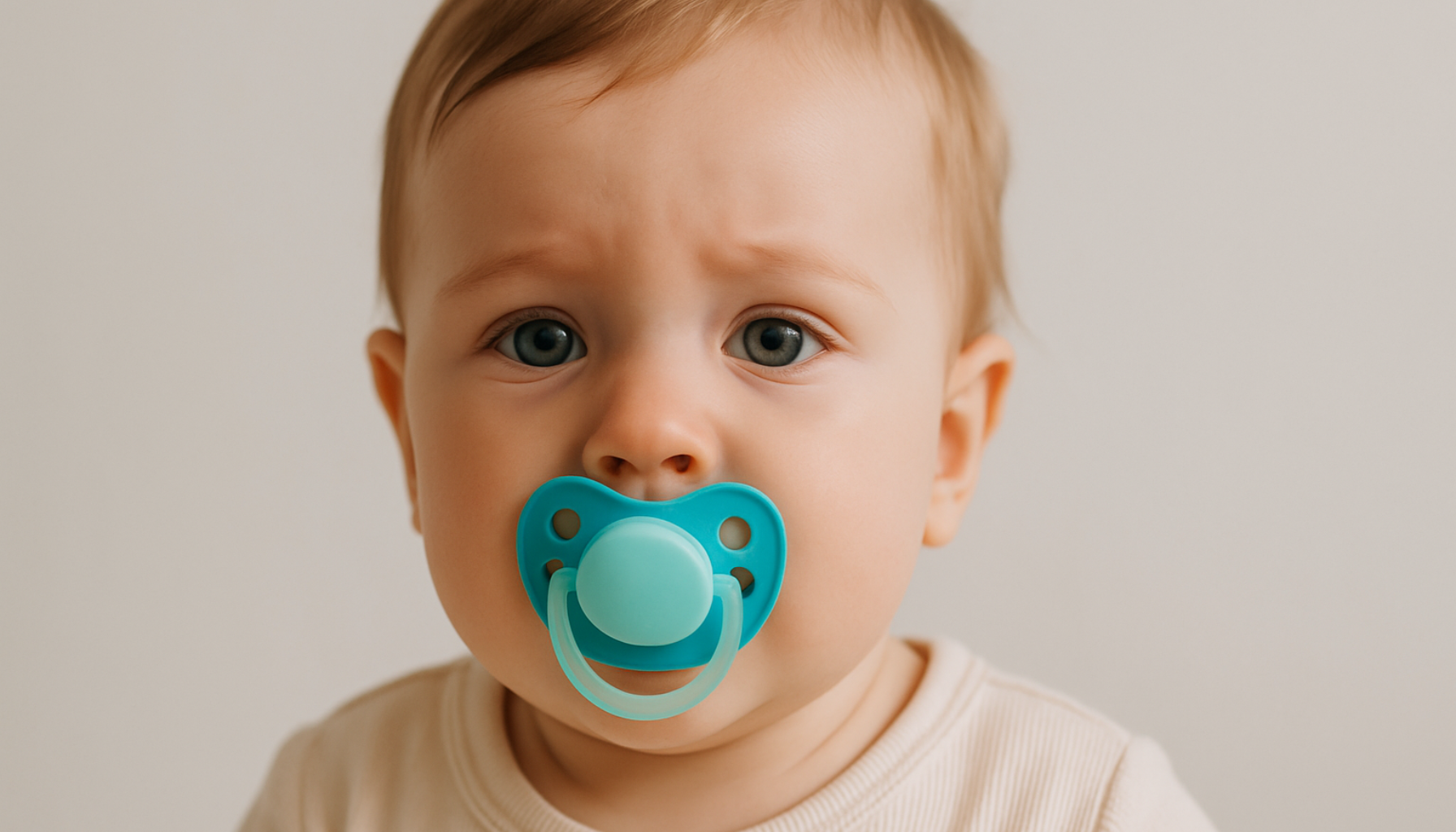 Baby med smokk i munnen, viser nærbilde av barnets ansikt og trygg bruk av smokk uten tannskade