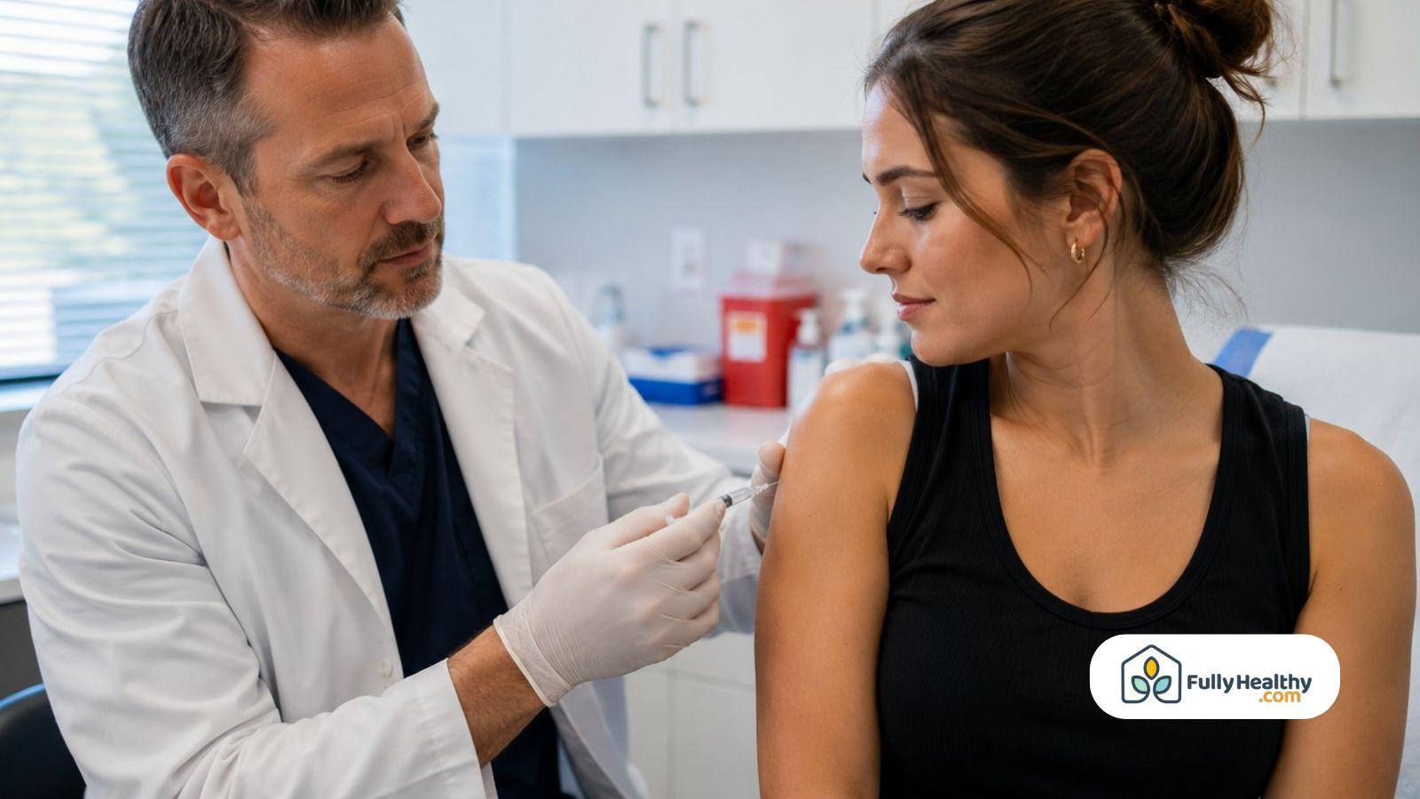 Doctor administering a peptide injection to an adult patient during a medical consultation in a modern clinic.