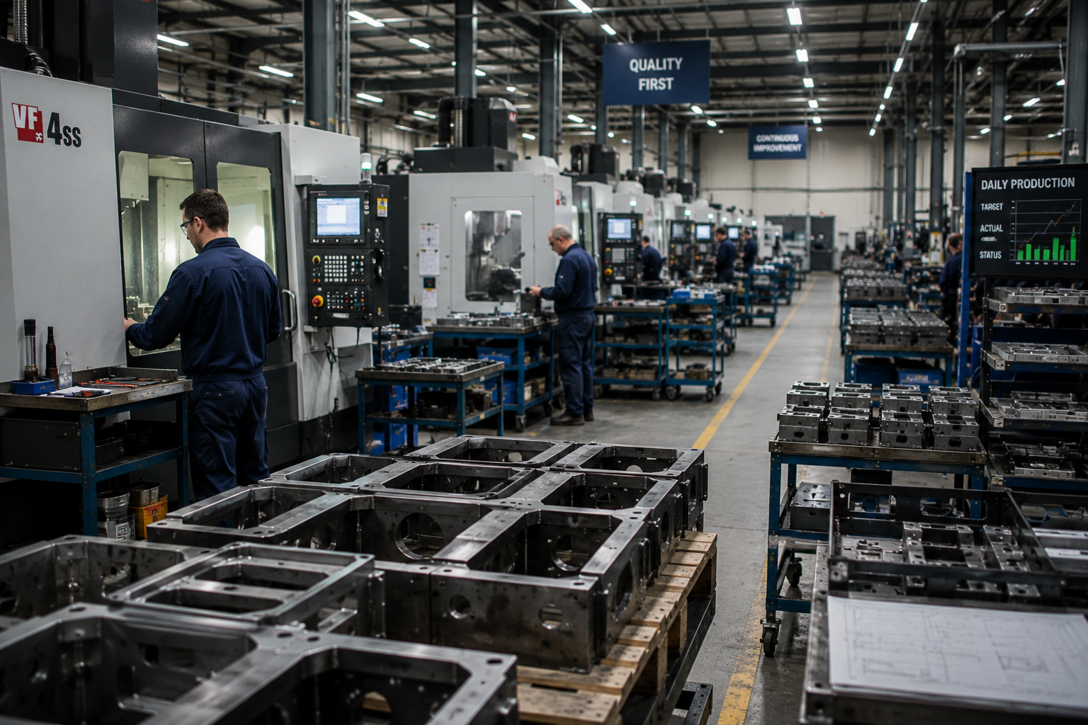 Busy industrial manufacturing facility with active production lines and operating machinery.