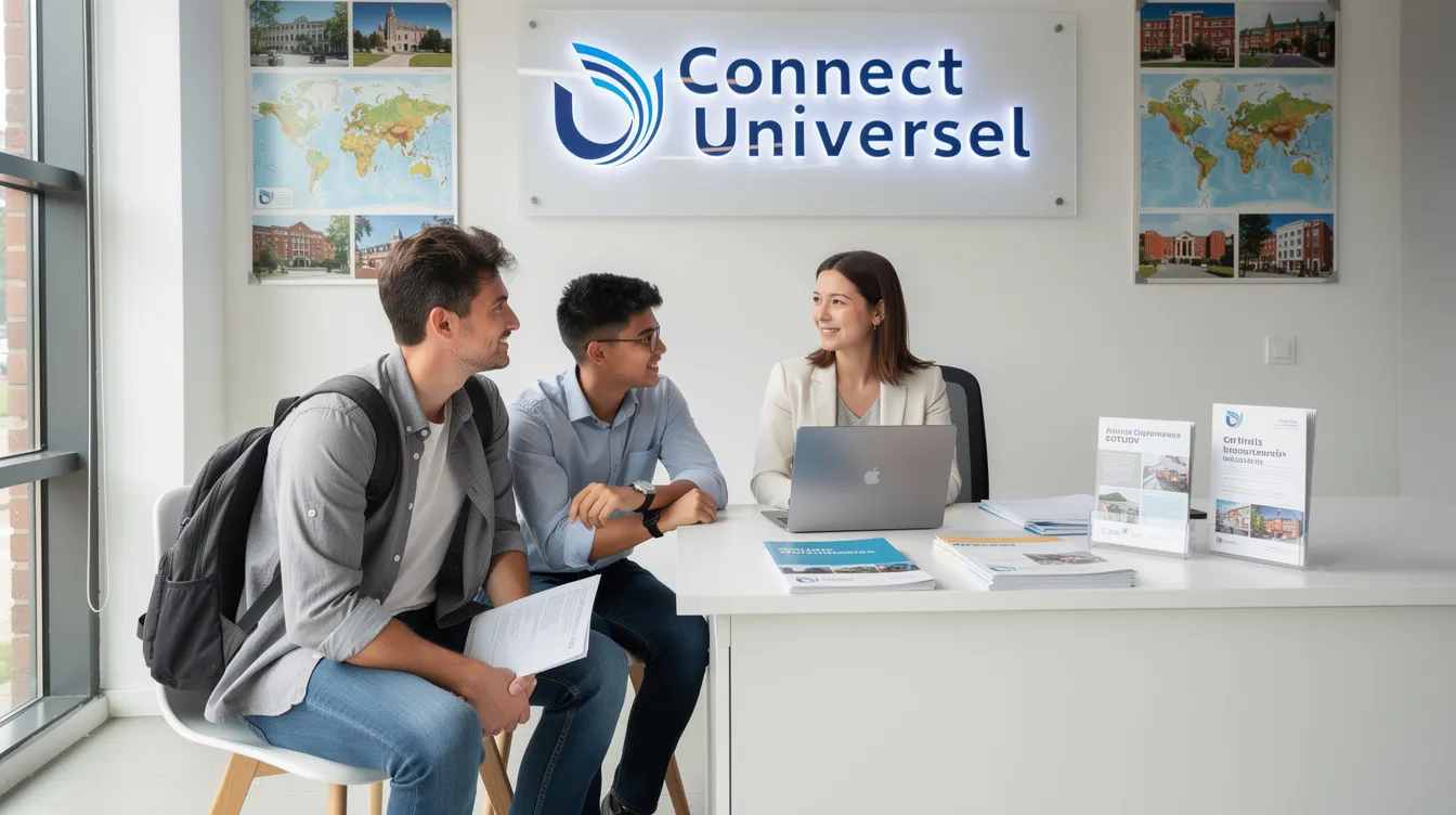 L'image montre un étudiant souriant en compagnie de son parent dans l'agence d'étude à l'étranger nommée Connect Universel, où ils discutent des opportunités d'étudier en République tchèque. L'environnement est accueillant, avec des brochures sur les universités et les programmes disponibles, reflétant l'ouverture et la qualité de l'enseignement supérieur en Europe centrale.