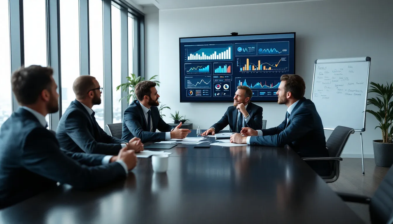 Na imagem, executivos estão reunidos em uma sala de conferência, discutindo estratégias corporativas e avaliando o valor de mercado de suas marcas. Eles analisam projeções econômico-financeiras e consideram fatores como fluxo de caixa e ativos intangíveis para tomar decisões sobre o futuro da empresa.
