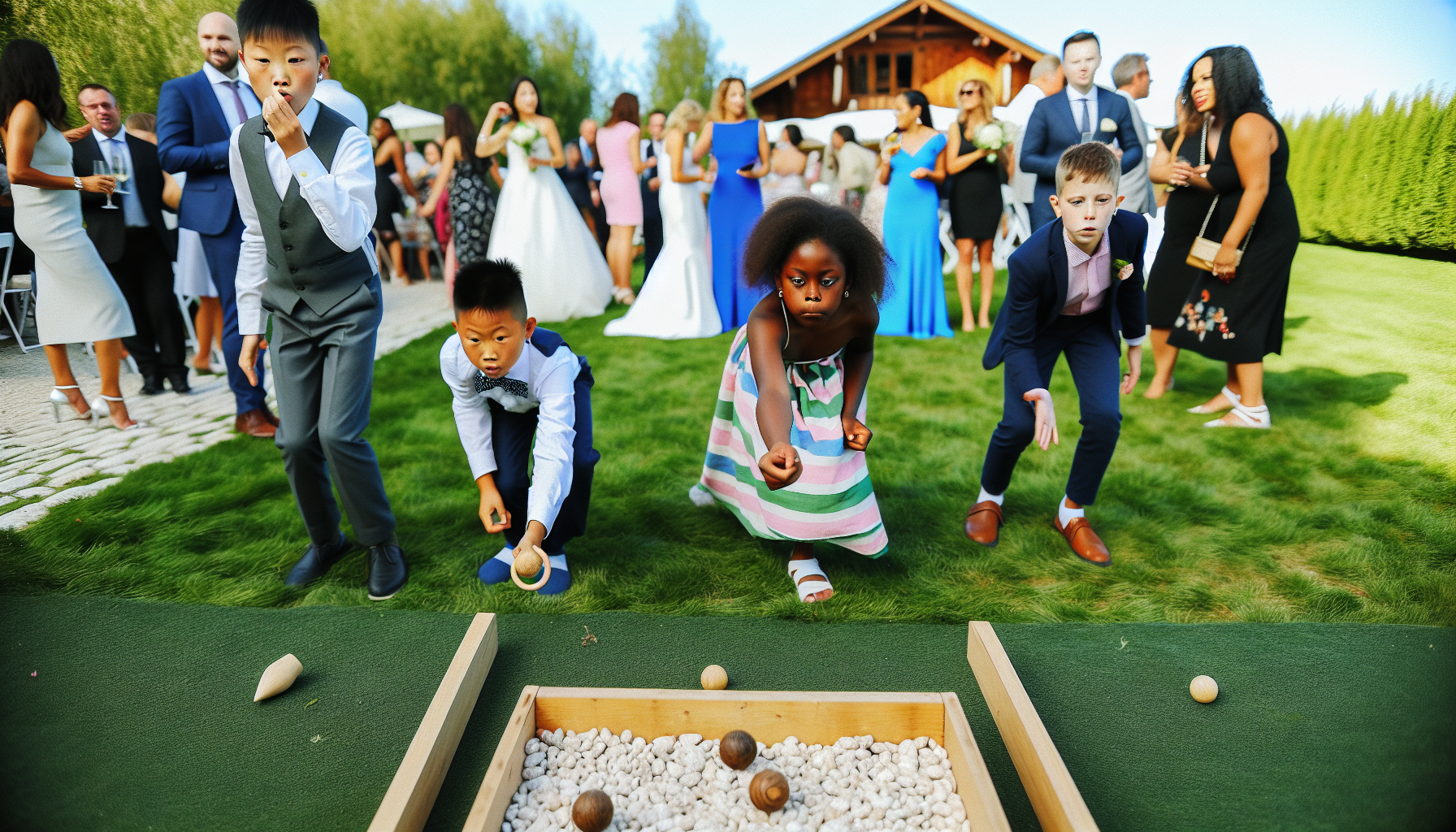 Children playing outdoor lawn games at a wedding