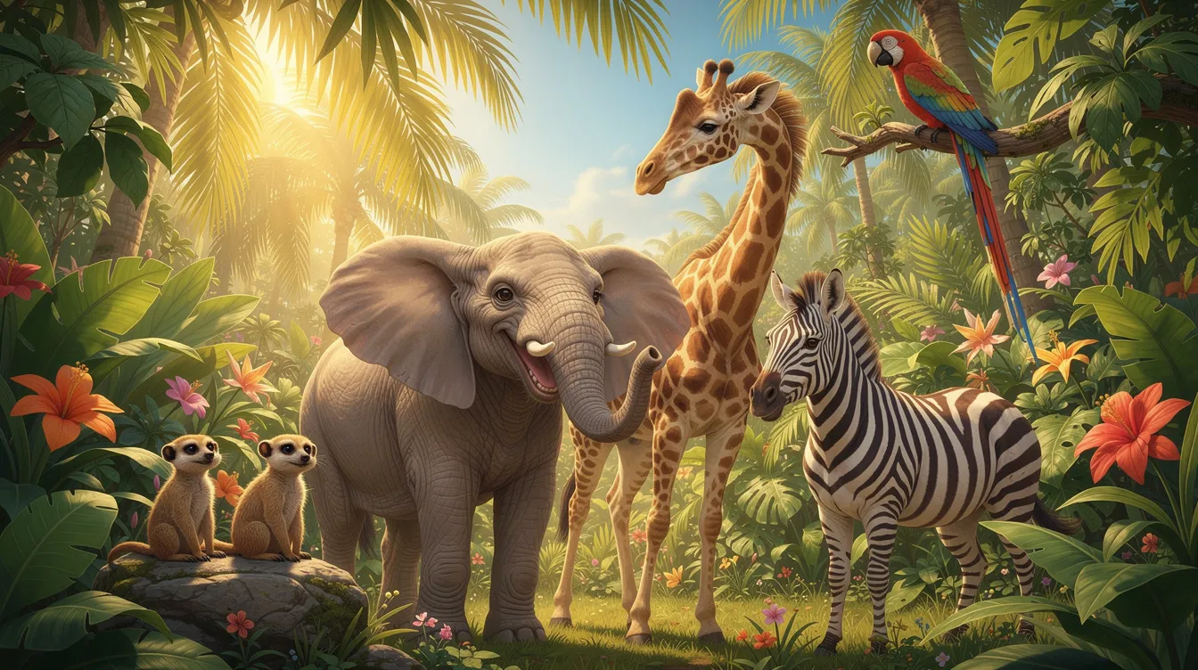 Na obrazie widoczna jest przyjacielska scena z tropikalną roślinnością, w której bawią się wesołe zwierzęta afrykańskie, takie jak lwy i małpy. Cała atmosfera promieniuje radością i beztroską, przypominając słowa "hakuna matata", które oznaczają brak zmartwień.