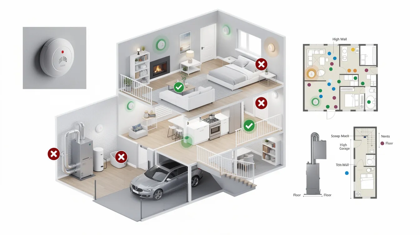 Room-specific placement guidelines for carbon monoxide detectors.