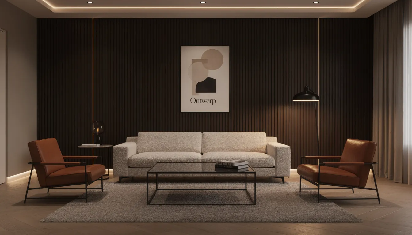 Een luxe woonkamer met een donkere akoestische lattenwand, gecombineerd met stijlvol designmeubilair en sfeervolle verlichting, creëert een warme en uitnodigende ambiance. De wandpanelen zijn een ideale oplossing voor het verbeteren van de akoestiek en het toevoegen van diepte aan de ruimte.