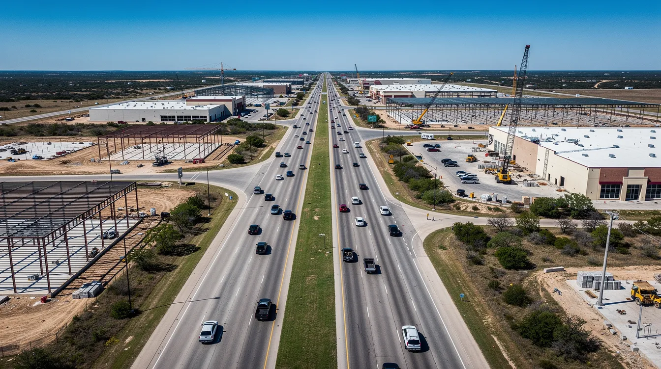 An aerial view captures a wide Texas highway corridor, showcasing ongoing commercial construction alongside the road. The scene highlights the bustling construction industry, where skilled professionals are engaged in various infrastructure projects, emphasizing the importance of effective workforce planning and resource allocation to meet project needs.