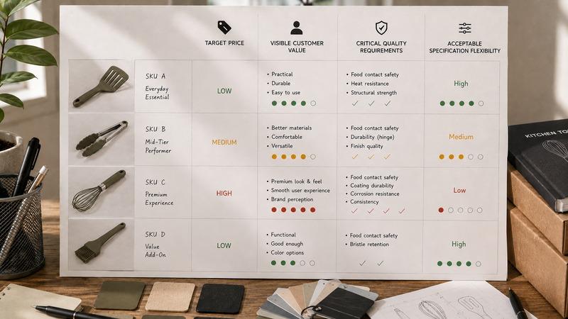 A buyer trade-off board comparing target price, visible customer value, critical quality requirements, and acceptable specification flexibility.