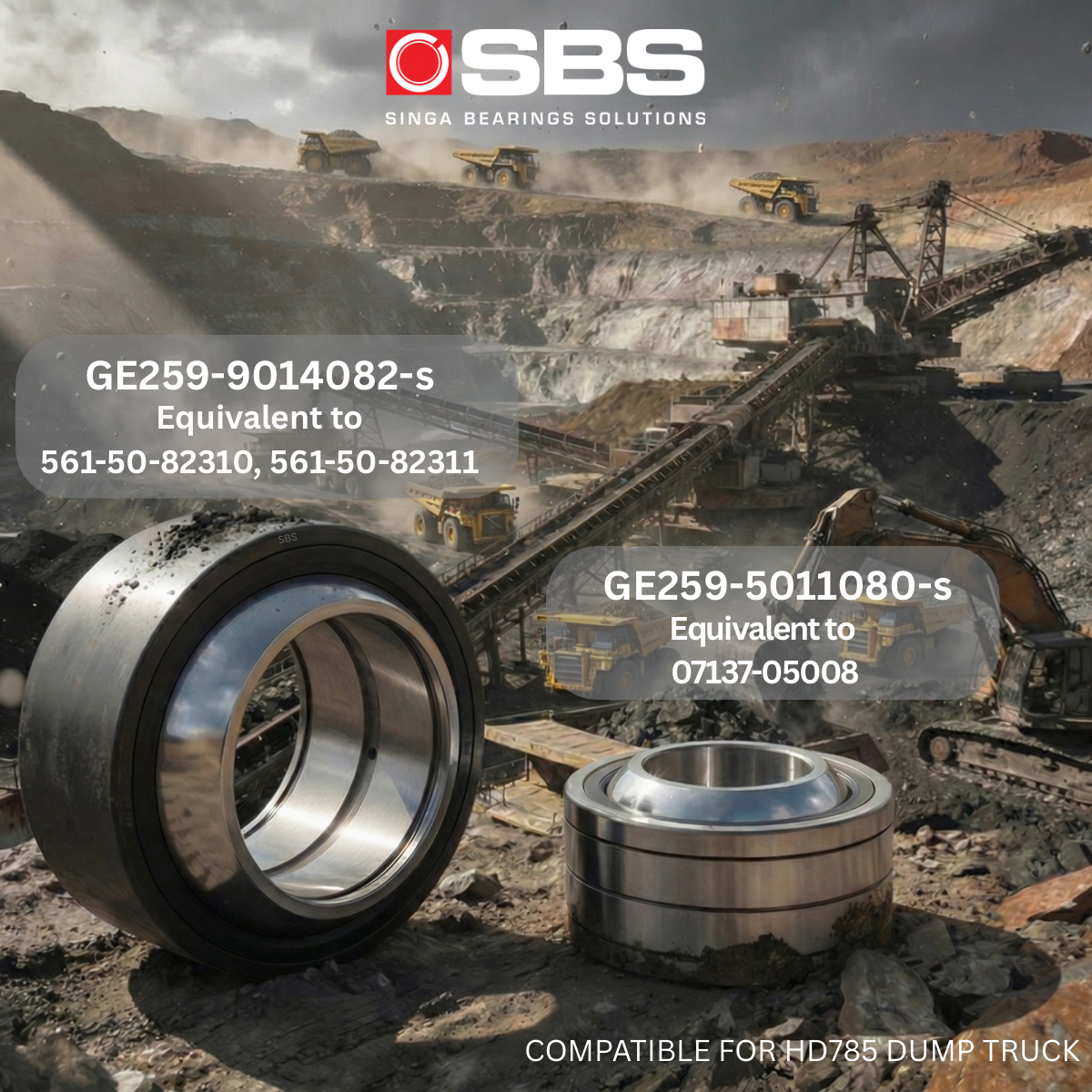Image featuring two GE Bearings, GE259-9014082-s bearing (equivalent to 561-50-82310, 561-50-82311) and GE259-5011080-s bearing (equivalent to 07137-05008)