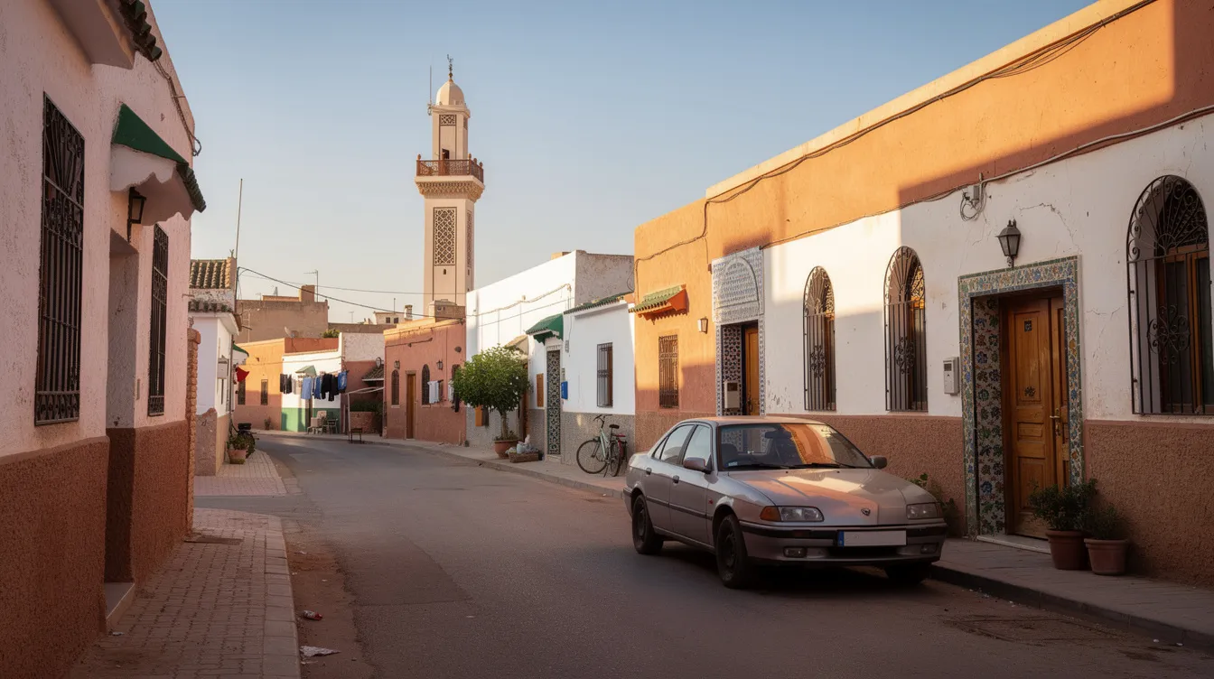 Une voiture garée dans une rue calme d'une petite ville marocaine, avec un minaret en arrière-plan.