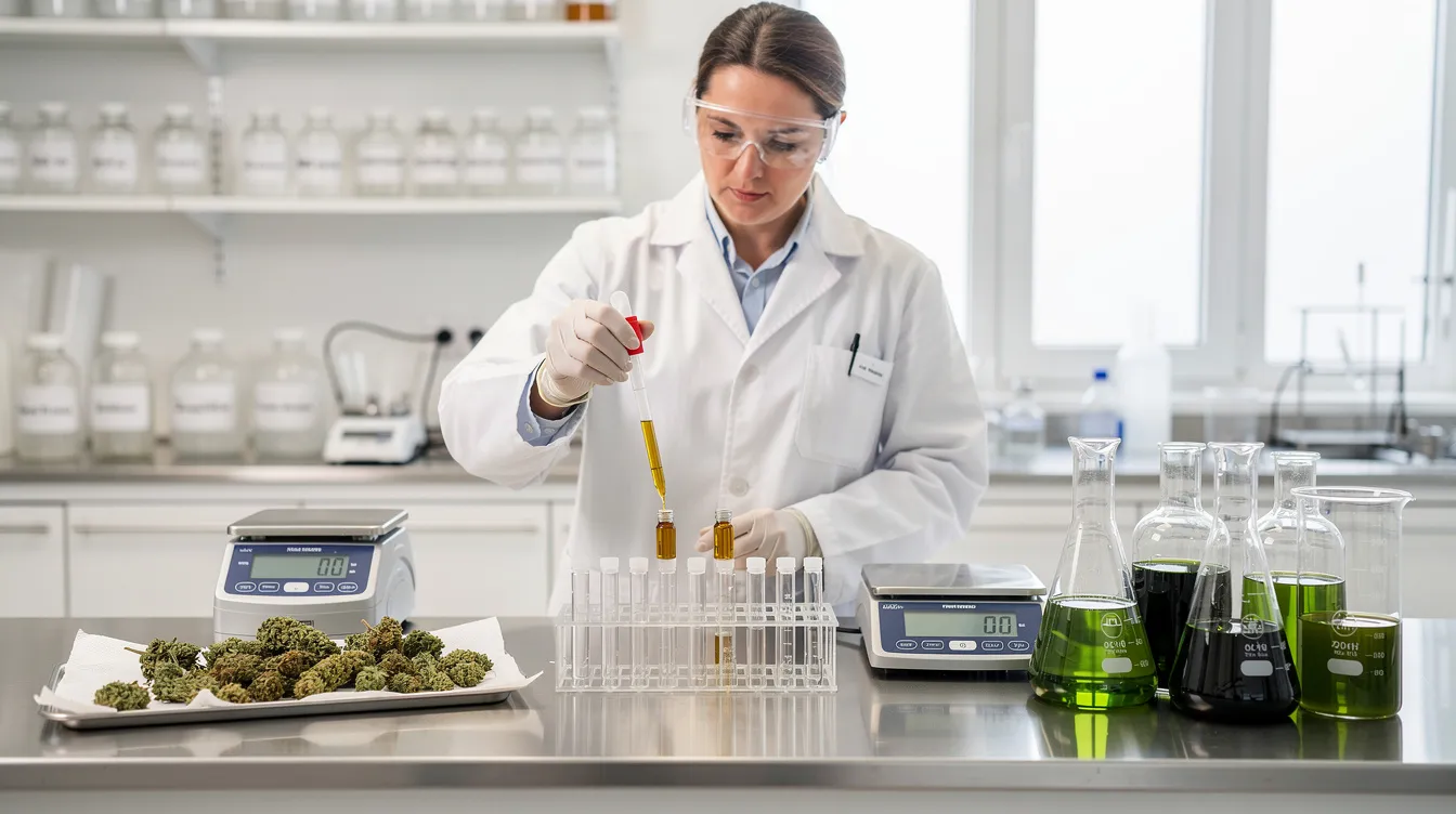 The image depicts a science lab where researchers are carefully measuring and dosing THC and hemp products, highlighting various dosage charts and guidelines. The setup suggests a focus on understanding how different doses, such as delta 8 and THC, can affect individuals based on factors like body weight and tolerance levels.