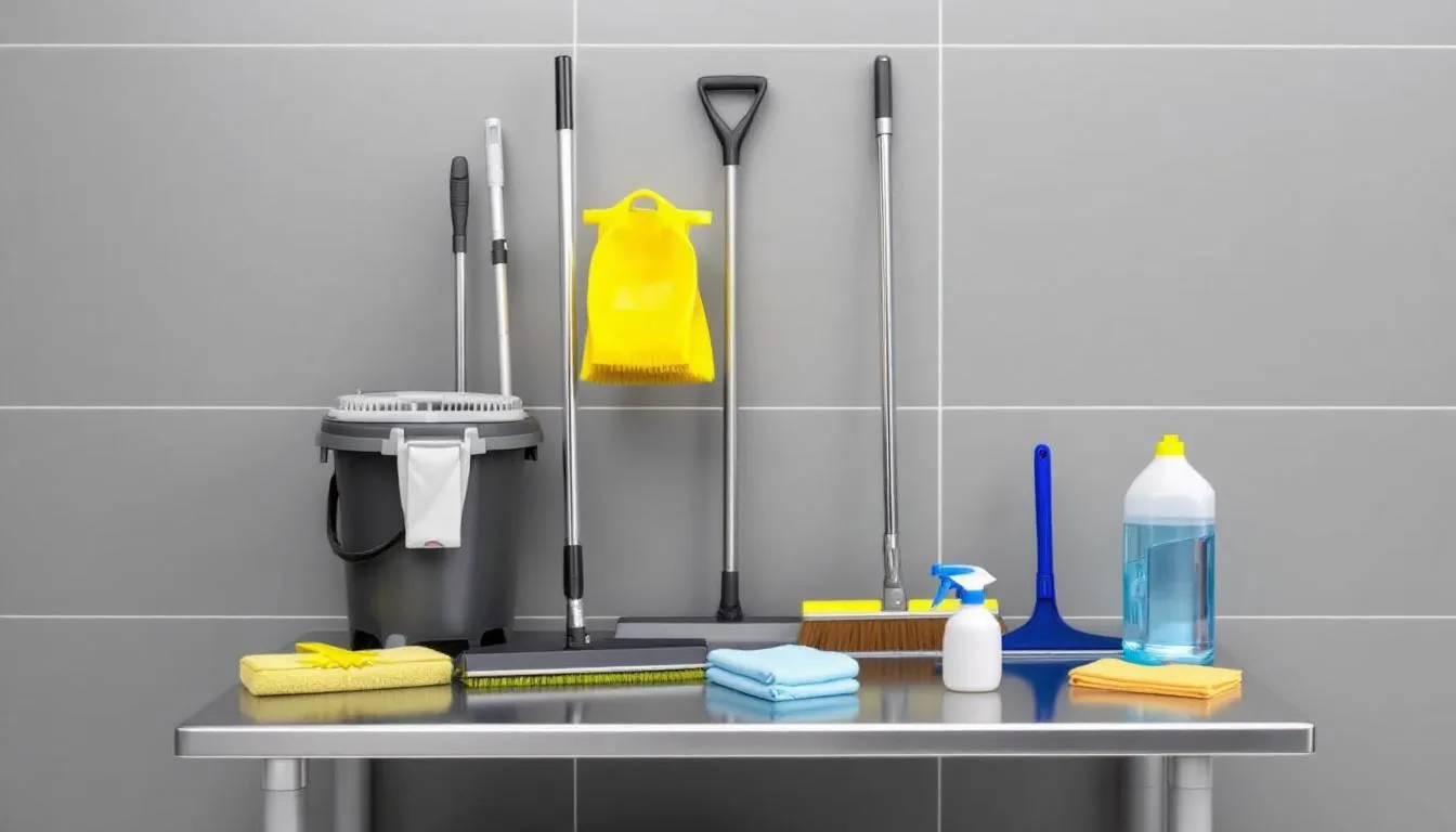 An organized display of professional cleaning equipment and supplies is shown, including items essential for trauma and crime scene cleanup, such as biohazard bags and sanitizing tools. This setup reflects the careful preparation needed for death cleanup services, ensuring safety and respect for families during difficult times.