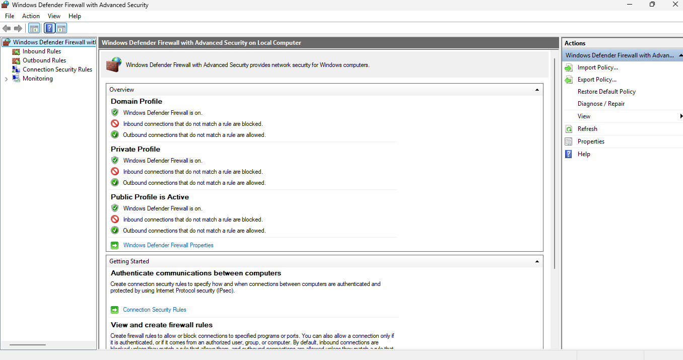 Windows Defender Firewall with Advanced Security dashboard