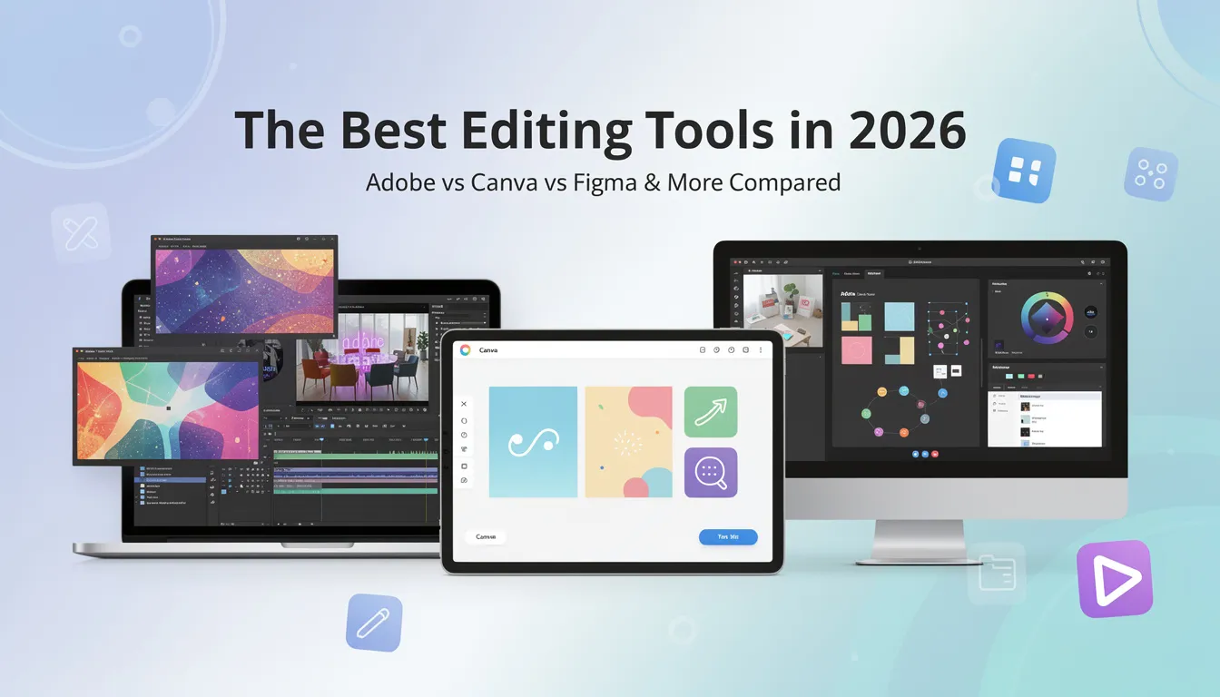 The image illustrates a comparison chart showcasing the best editing tools in 2026, specifically highlighting Adobe, Canva, and Figma. It features various design elements, advanced features, and collaboration tools, aimed at both professional designers and non-designers, emphasizing their strengths in graphic design and team collaboration.