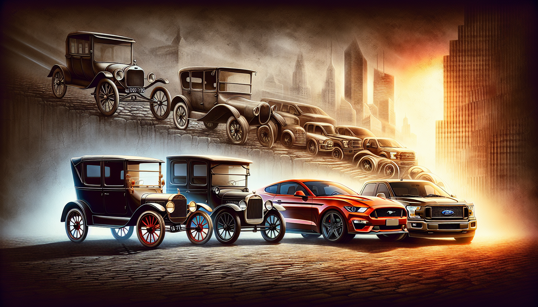 Illustration of the evolution of Ford vehicles