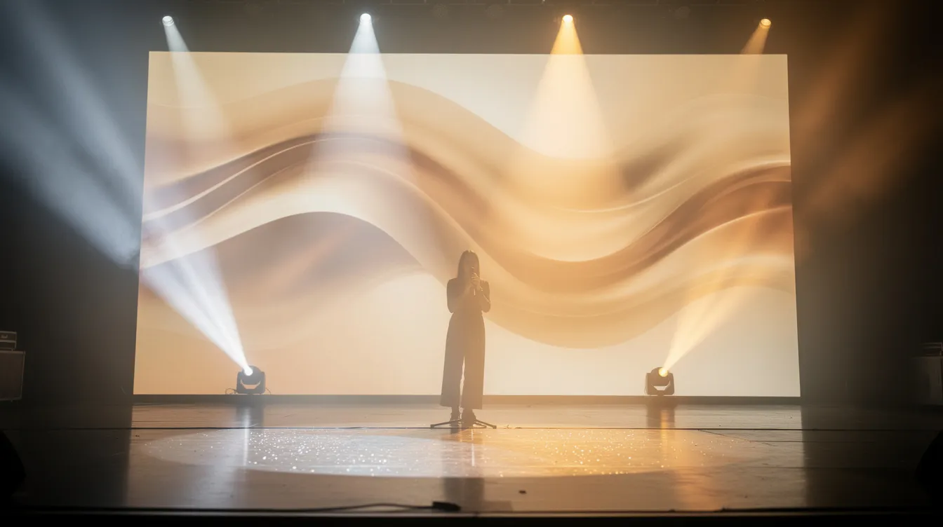 A performer stands on stage illuminated by beams of light, with a large LED wall backdrop displaying warm-toned motion graphics that create an immersive visual experience. The combination of stage lights and the vibrant LED display enhances the atmosphere of this live event.