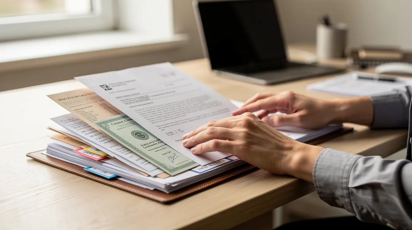 0962180f 54b7 4b9c af2b 6da73ccc0cf6 A person is meticulously organizing various loan documents, including receipts and certificates, in a file folder on their desk, ensuring that everything related to their personal loan and loan account is updated correctly for future loans. The scene emphasizes the importance of having all necessary paperwork, such as the loan agreement and noc certificate, neatly arranged for easy access and verification.