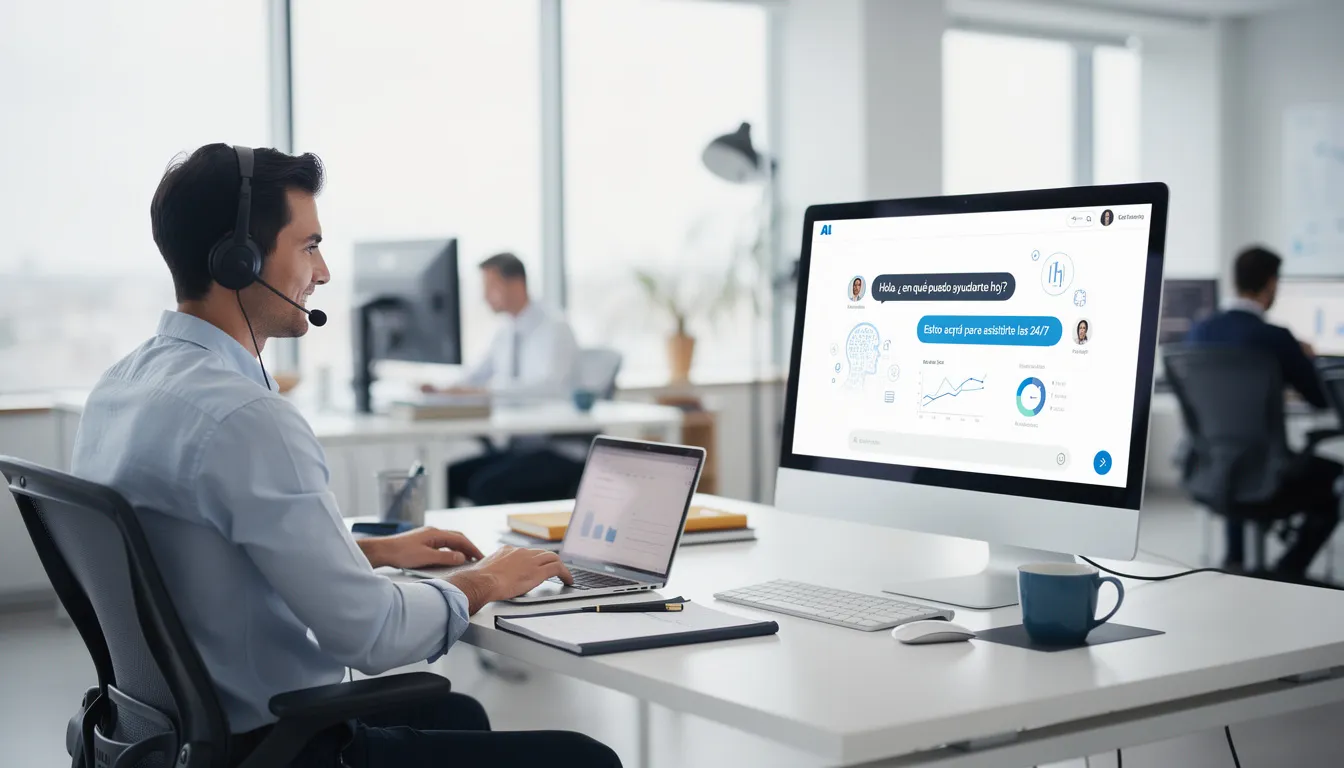 Un representante de atención al cliente trabaja en una oficina moderna, interactuando con un software de chatbot con IA diseñado para mejorar la experiencia del cliente. La interfaz muestra flujos de trabajo y datos en tiempo real, facilitando la resolución de consultas de los clientes a través de la tecnología de inteligencia artificial.